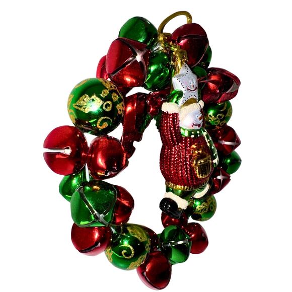 Jingle Bell Christmas Wreath with Snowman Ornament – Red & Green Metal Bells - Picture 4 of 10